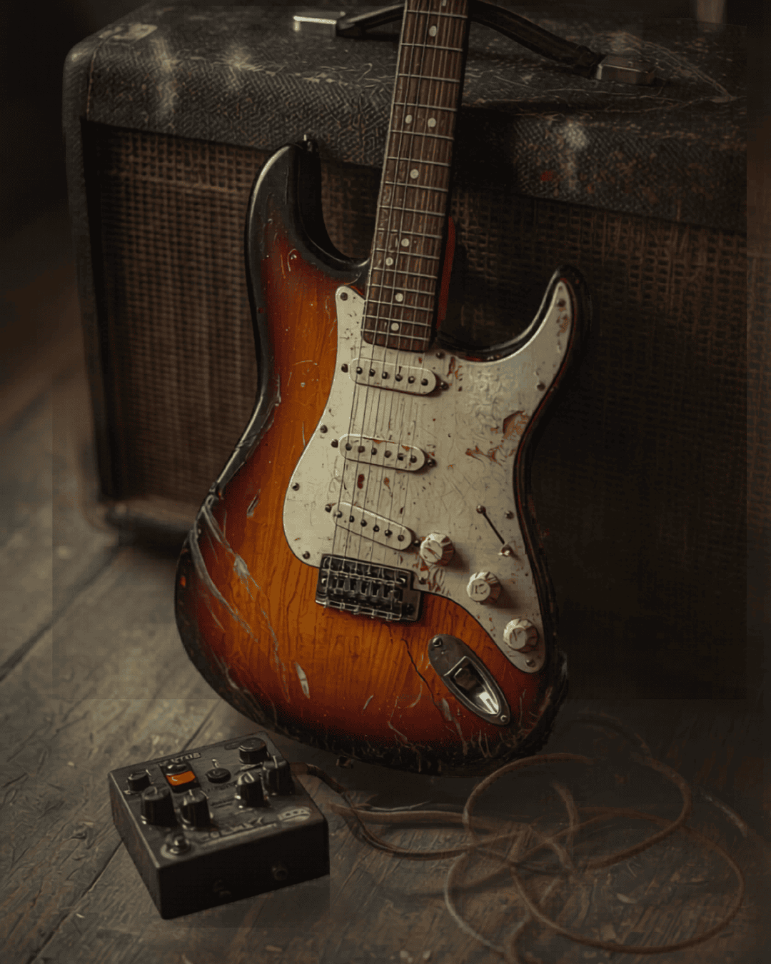 A 1:1 square close-up photograph of worn vintage indie rock gear — a battered electric guitar body with scratched sunburst finish leaning against a scarred tube amplifier, a dusty analog overdrive pedal on a wooden floor, tangled cable coiled nearby. Warm amber and deep shadow lighting, film grain texture, muted earthy tones with flashes of warm gold. Shallow depth of field. Gritty, tactile, road-worn. Editorial magazine aesthetic. No people. No text.